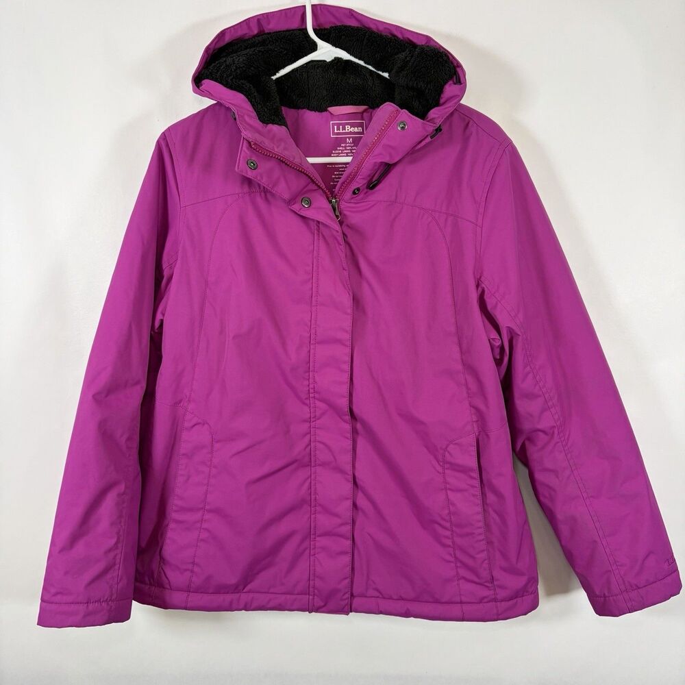 LL Bean Full Zip Snap Sherpa Fleece Lined Hooded Jacket Womens Size Medium Pink